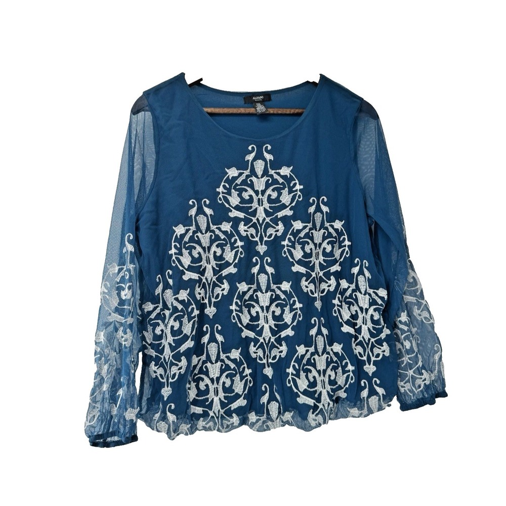 Alfani Blue Sheer‎ Sleeve Embroidered Blouse Fairy Romantic Whimsical Coquette